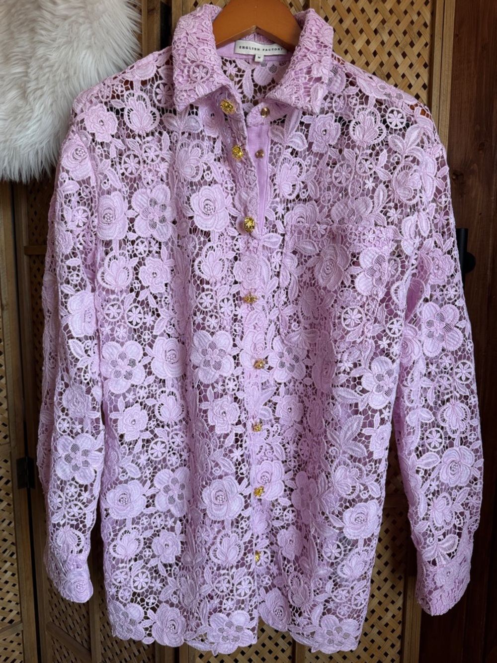 English Factory Pink Lace Crochet Button-Front Top - Picture 9 of 10
